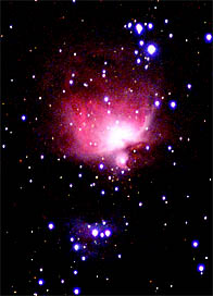 Picture of the cherry-red Orion nebula, M42, with surrounding stars