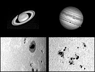 Collage of four pictures showing the two planets Saturn (with its ring system) and Jupiter and two closeups of the Sun with sunspots